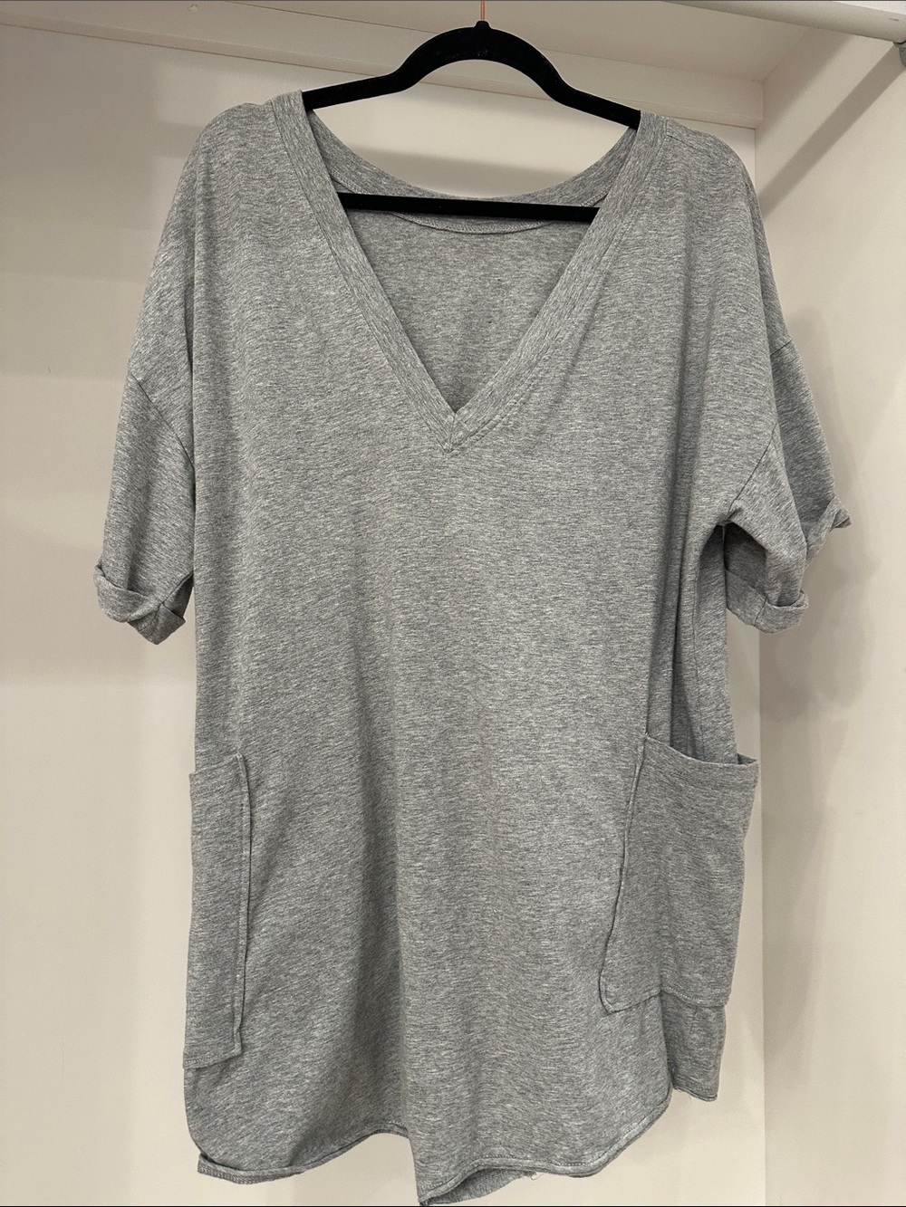 Pink Lily small V-Neck Short Sleeve romper with Pockets - Gray. Like new